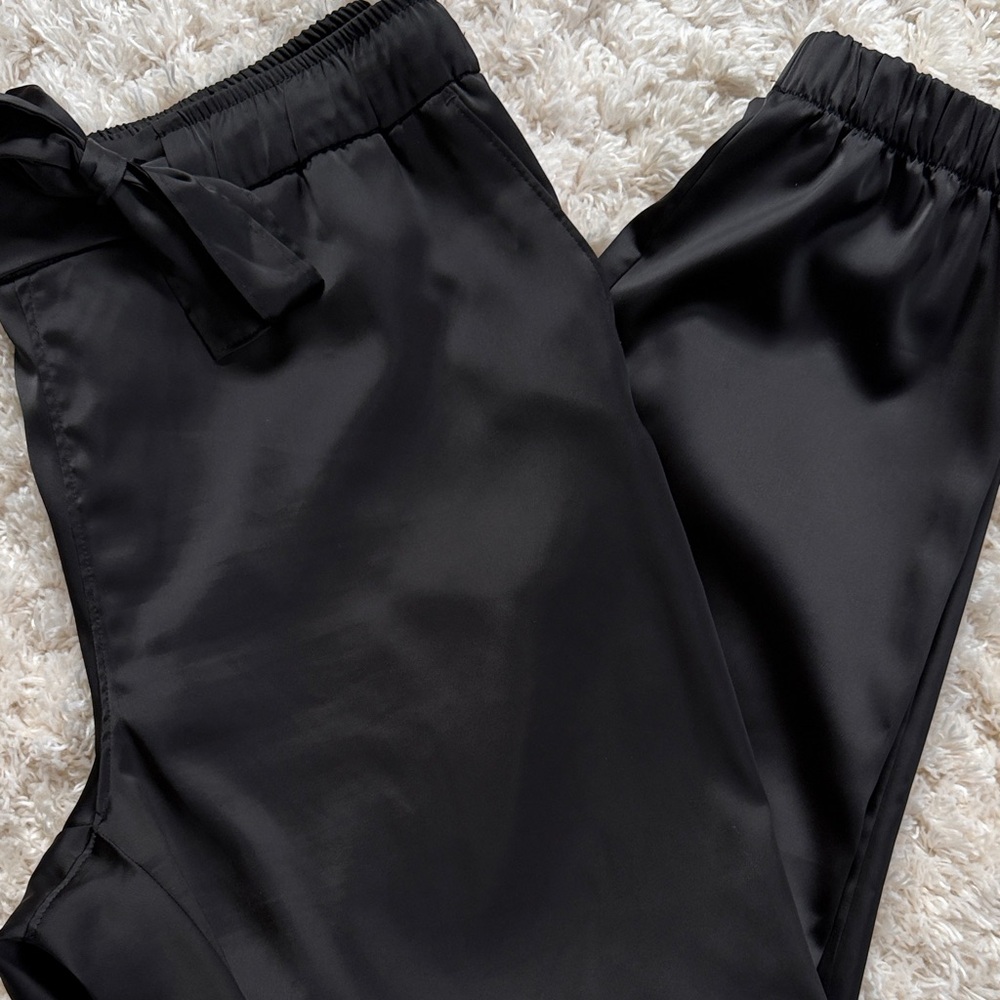 Rachel Zoe Satin Jogger Pants Black XL Elastic Waist Tie Casual Luxe